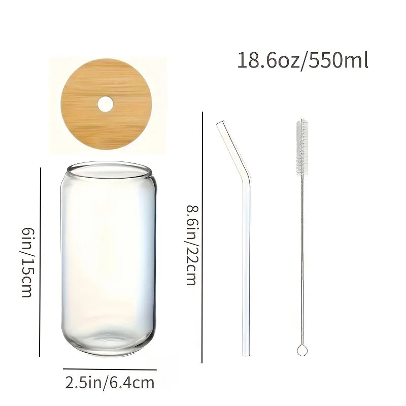 Drinking Glass Set With Bamboo Lids And Glass Straws 6 Piece 18.6 Oz Capacity For Everyday Use