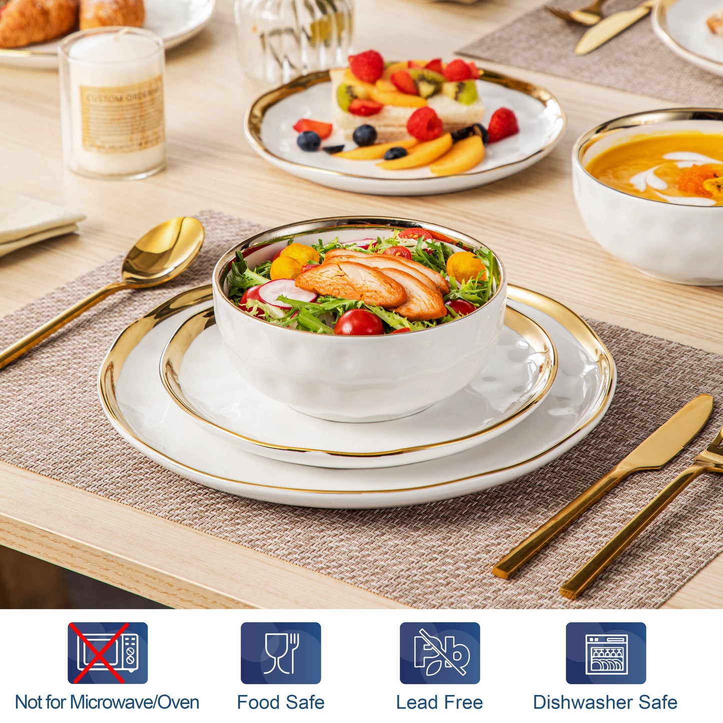 LOVECASA 12/24 Piece Ceramic Porcelain White and Golden Rim Dinnerware Sets With 4/8 PCS Dinner Plate/Dessert/Cereal Bowl for 4