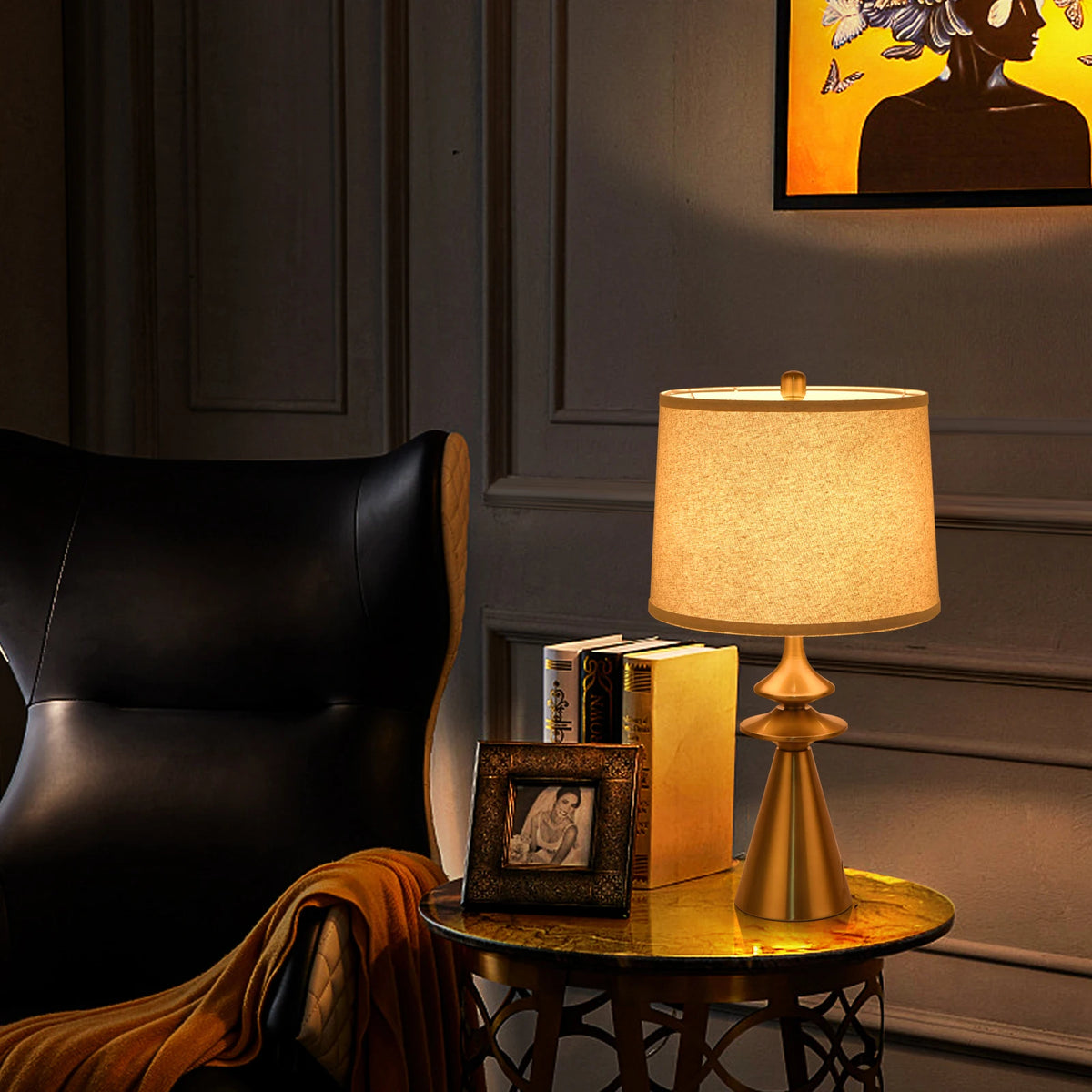 24 Inch Modern Gold Metal Table Lamp With White Fabric Shade For Bedroom and Living Room