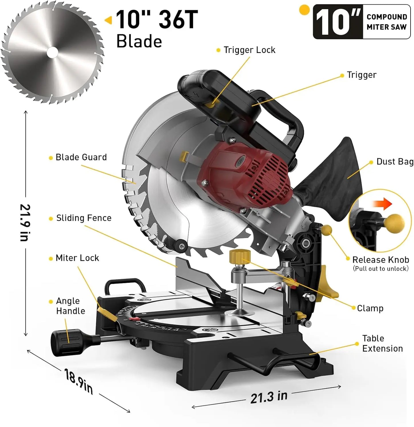 Marvtool Compound Miter Saw 15 Amp 5000 RPM 0 to 45 Degree Left Bevel Cutting Tool For Metal Plastic Wood Laminates