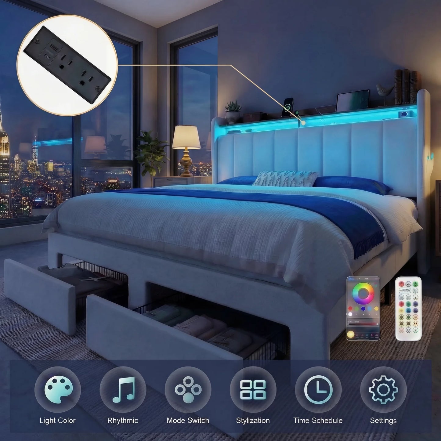 Hoomic Bed Frame With LED Lights And Charging Station Two Storage Drawers And Headboard Shelves