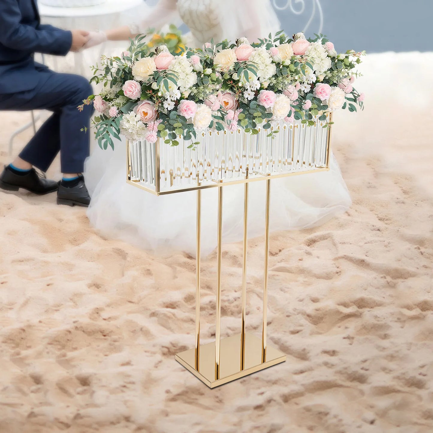Bymaocar Wedding Crystal Flower Stand with Golden Iron Frame and Crystal Pendants for Elegant Ceremony Decor