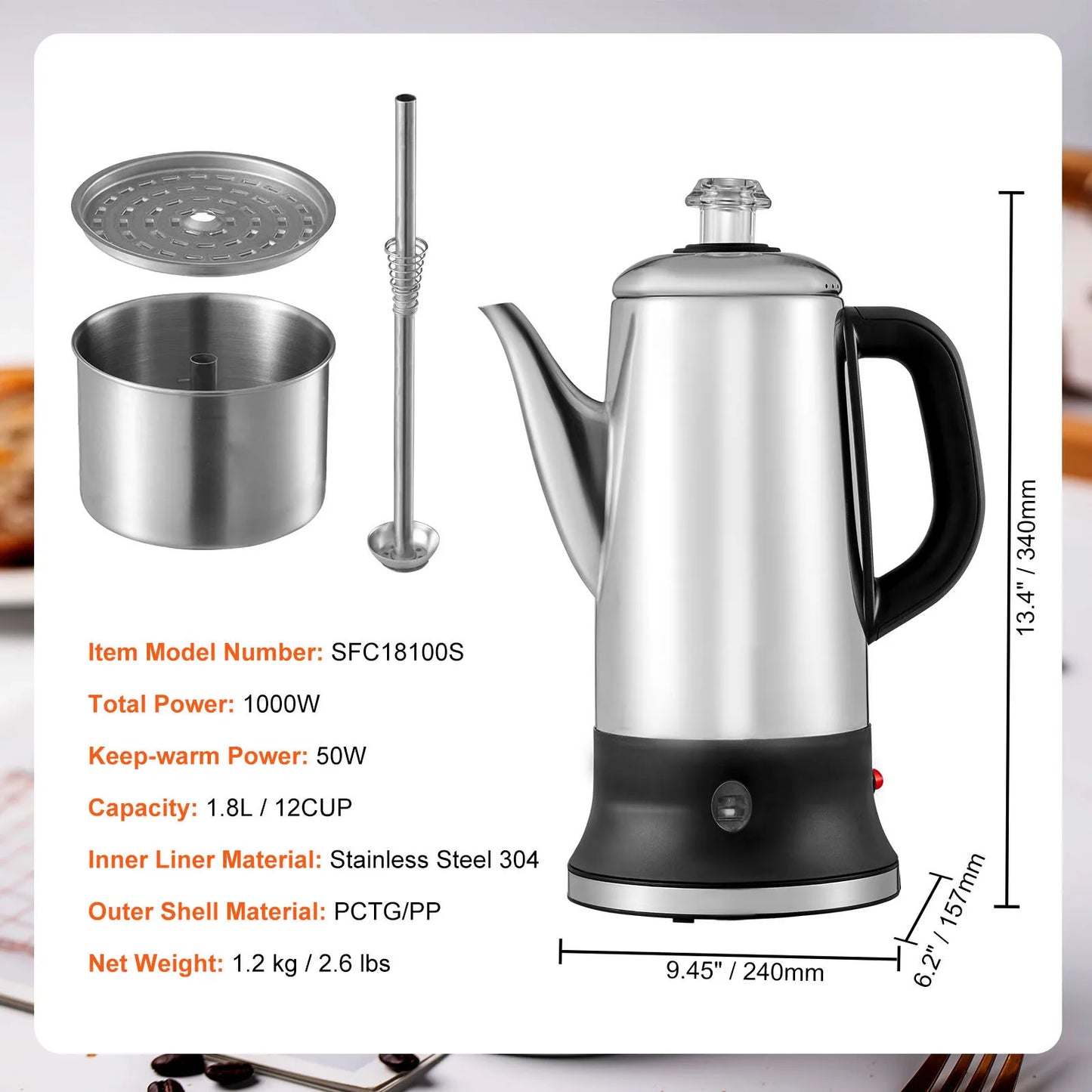 SucceBuy 12 Cup Electric Percolator Coffee Pot With Keep Warm 1000W Quick Brew 1.8L Capacity For Coffee Tea