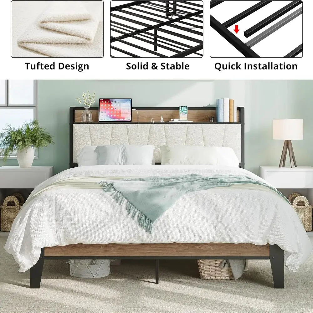 Likimio Bed Frame With Storage Headboard And Charging Station With USB Ports And Outlets With Heavy Duty Metal Slats