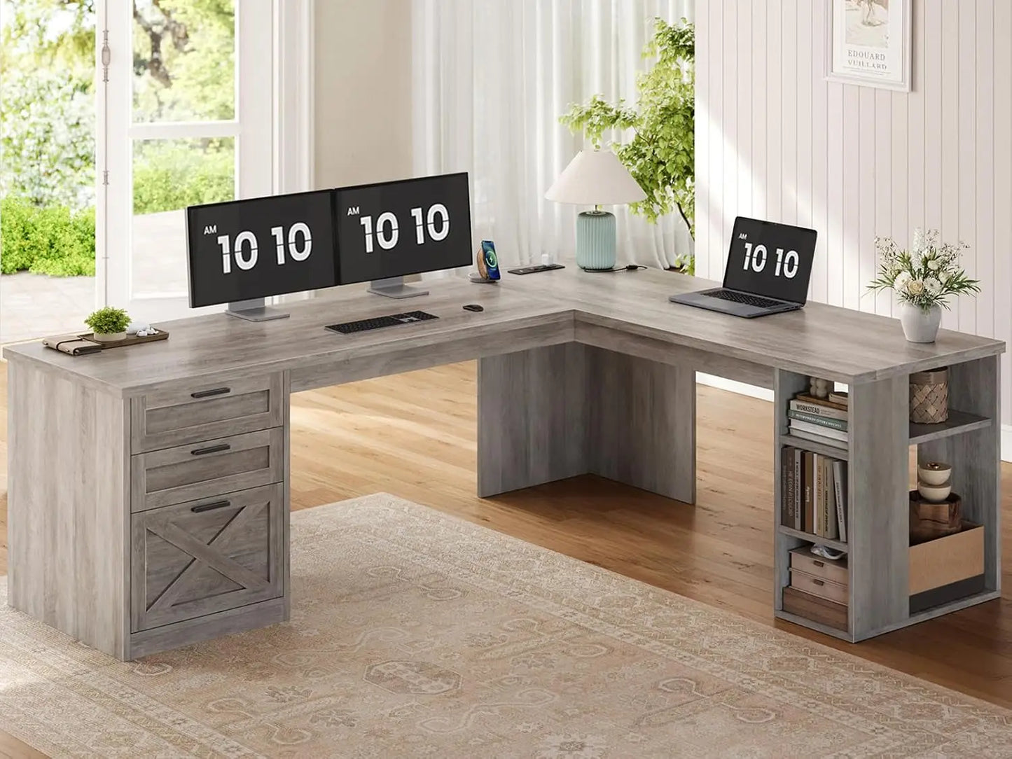 Farmhouse 67" L Shaped Desk with 3 Drawers, White Corner Computer Desk with Storage Shelves, Home Office Desks with, Customized