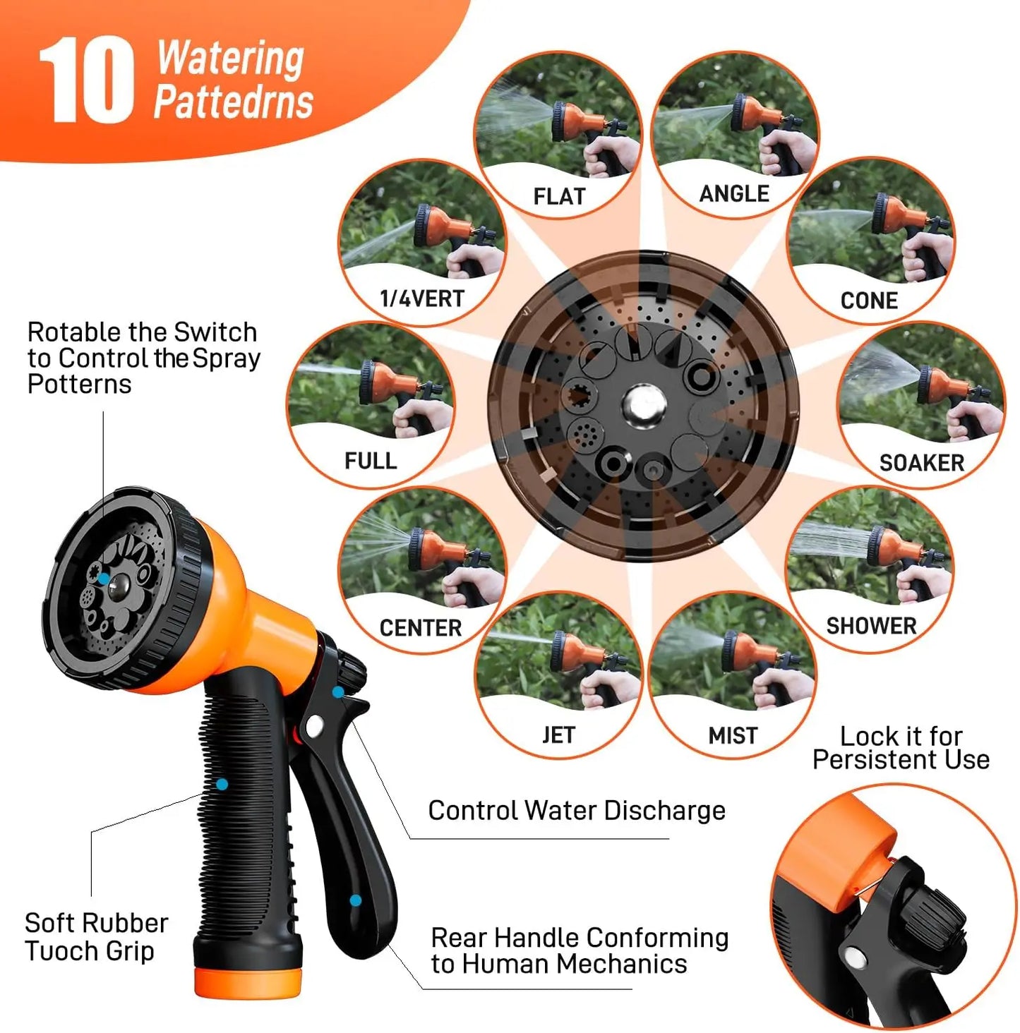 Stainless Steel Garden Hose with 10 Function Adjustable Spray Nozzle