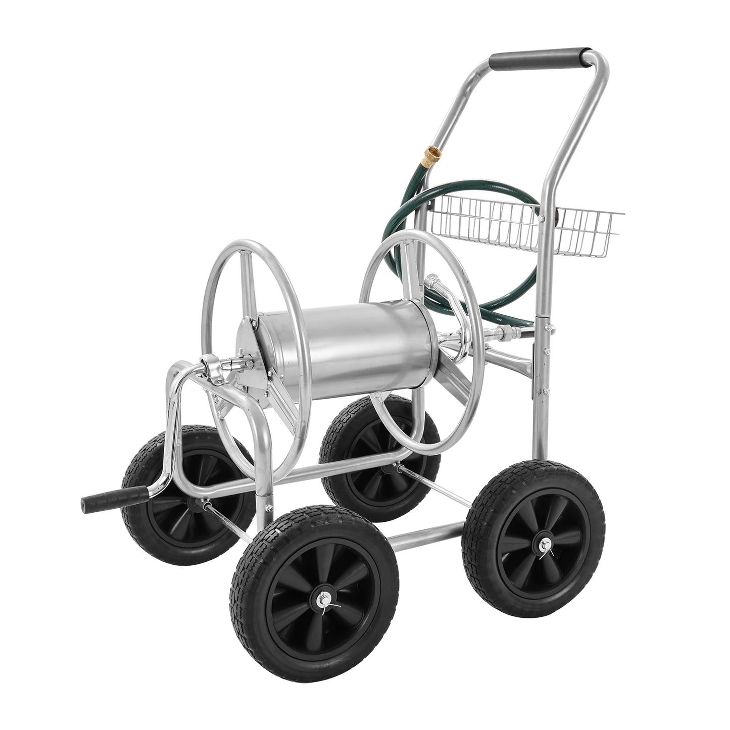 Heavy Duty Hose Reel Cart With Basket For 250 Ft Metal Garden Hose Carrier Durable Steel Frame