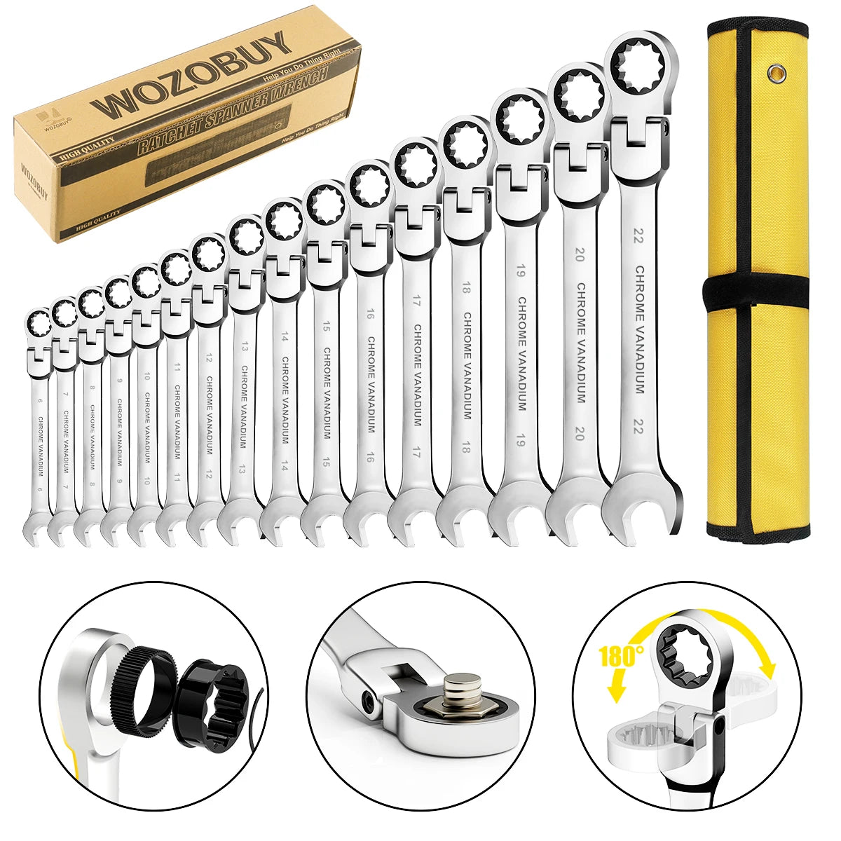 WOZOBUY 16Pcs Flex-Head Ratcheting Wrench Set