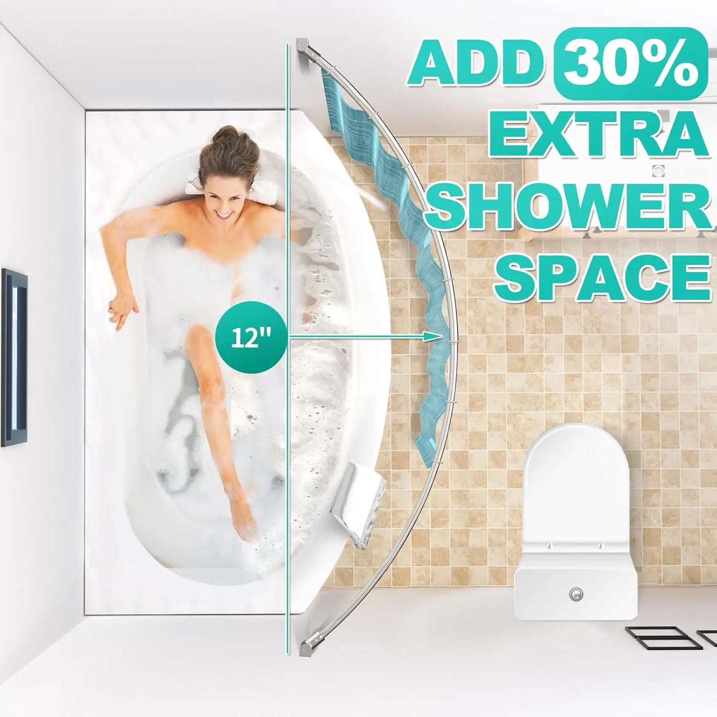 Curved Shower Curtain Rod Wall Mounted Adjustable Metal For Bathroom