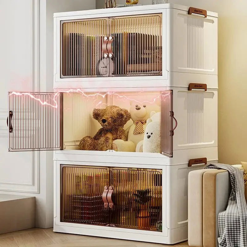 Household Storage Box with Lids and Doors, 3 Tilers of 8.8Gal Collapsible Stack-able Bins with Wheels for Office, Dorm Room