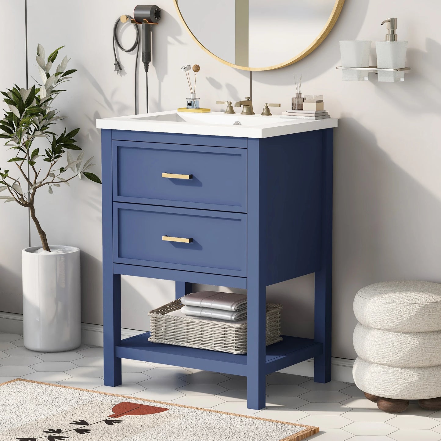 SH.KL 24'' Bathroom Vanity with Top Sink, Free Standing Single Basin Vanity Set with 2 Drawers, Wooden Bathroom Cabinet, Blue