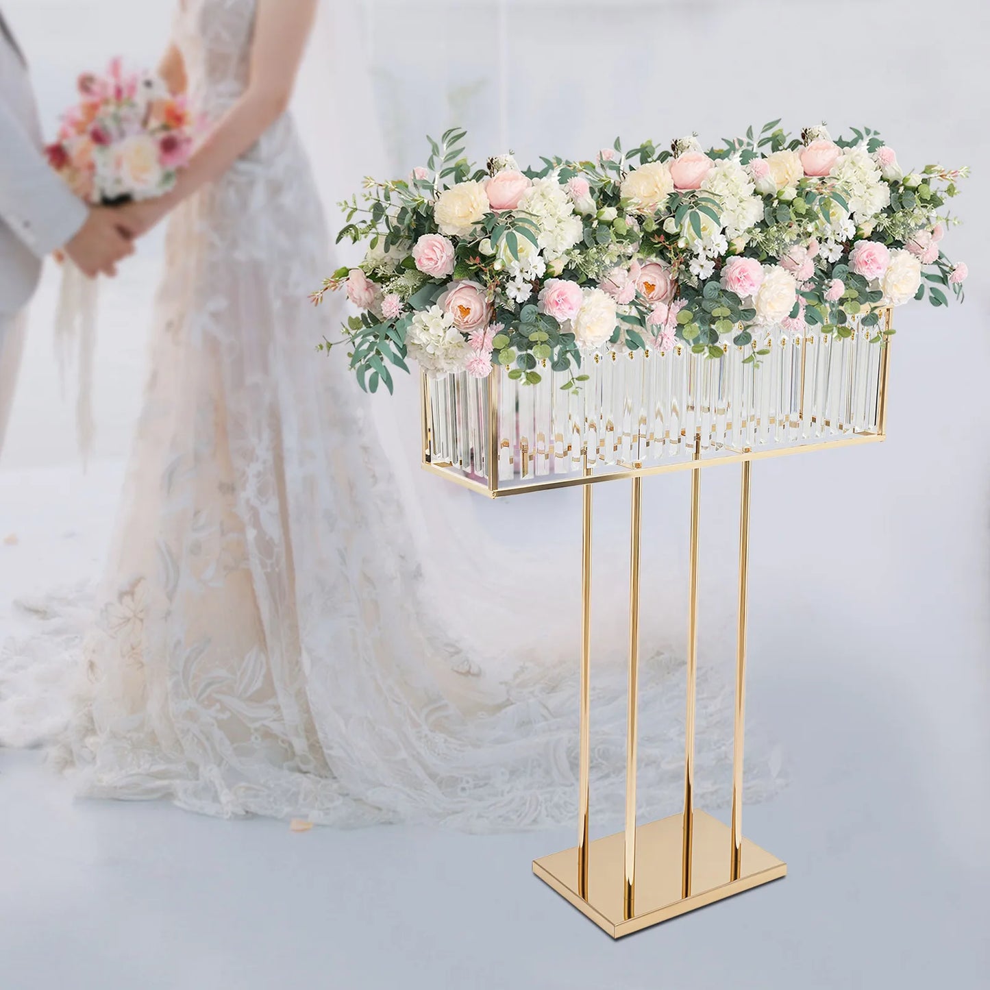 Bymaocar Wedding Crystal Flower Stand with Golden Iron Frame and Crystal Pendants for Elegant Ceremony Decor