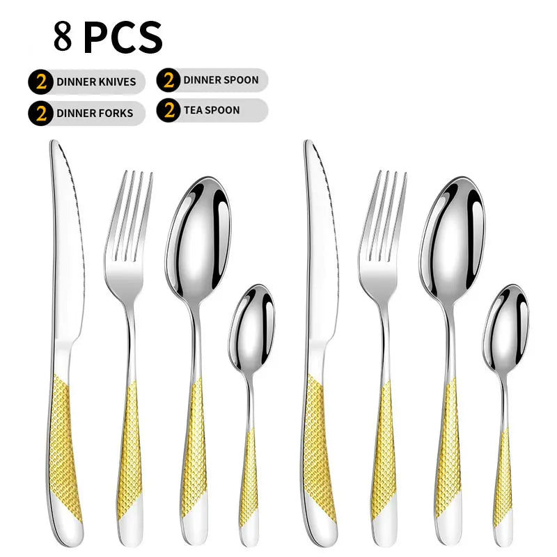 Pioggia Stainless Steel Cutlery Set For Four Person Everyday Dining With Silver Gold Coating And Mirror Bullion Finish