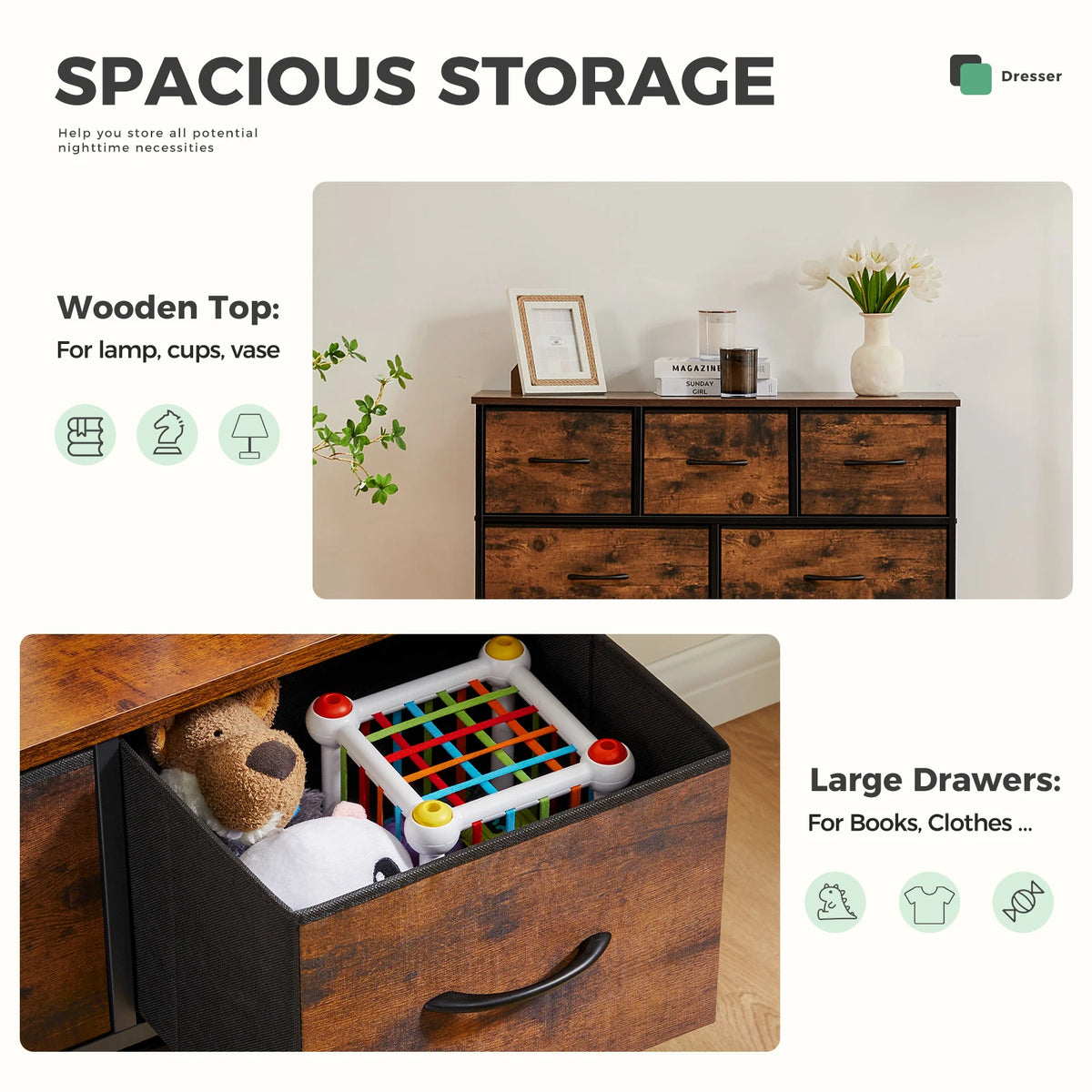 Six Compartment Fabric Storage Cabinet Organizer With Wooden Top Metal Frame