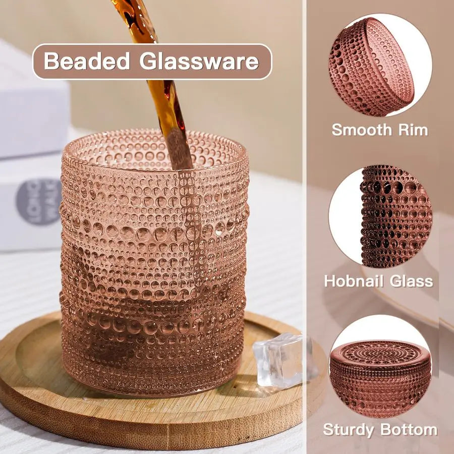 Vintage Hobnail Drinking Glasses Set of 6, Embossed Water Tumbler 12oz, Kitchen amp Bar Beaded Glass Cups, Beverage Glass Cups f