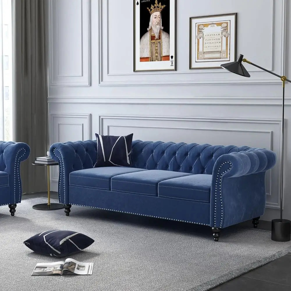 Elegant Scroll Arm Loveseat and Sofa Set for Living Room and Den With Chesterfield Button Tufting and Nailhead Accents
