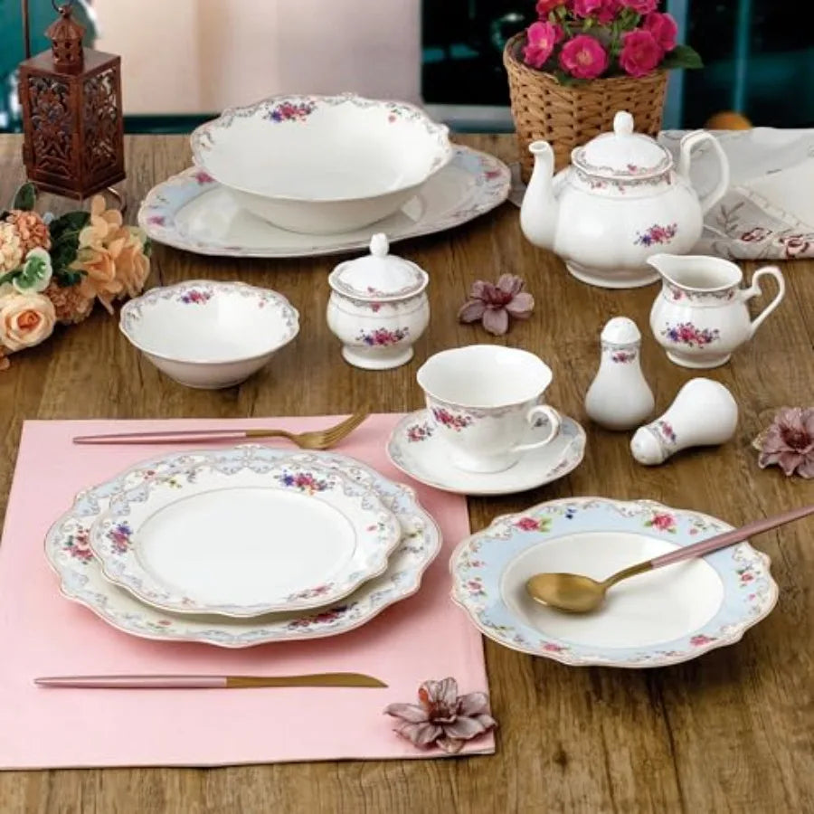 57-Piece Bone China Dinnerware Set, Service for 8, Floral with Blue and Gold Trim