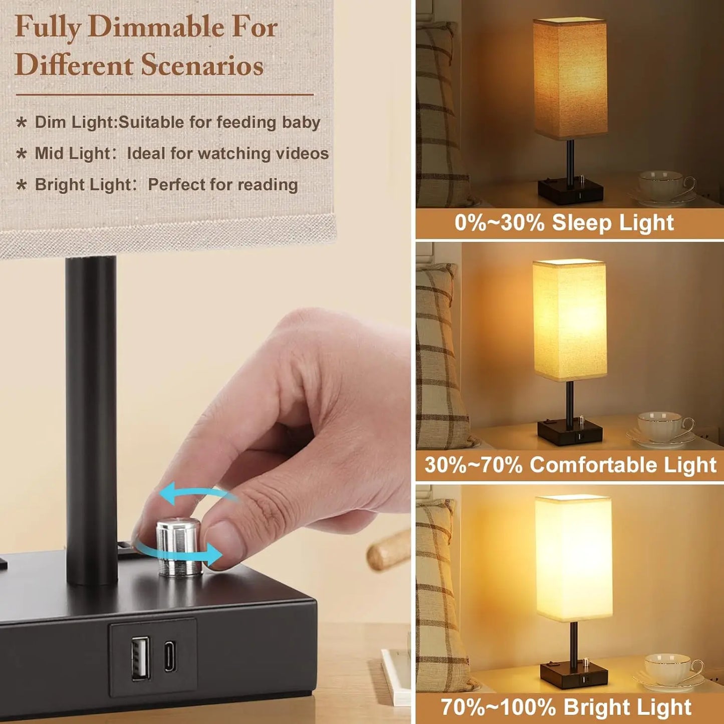 Fully Dimmable Nightstand Lamps Set of Two With USB Type C and USB Type A Ports and Dual AC Outlets