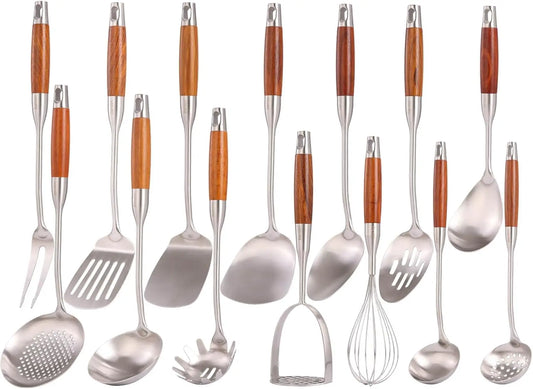 Stainless Steel Kitchen Utensil Set With Wooden Handles