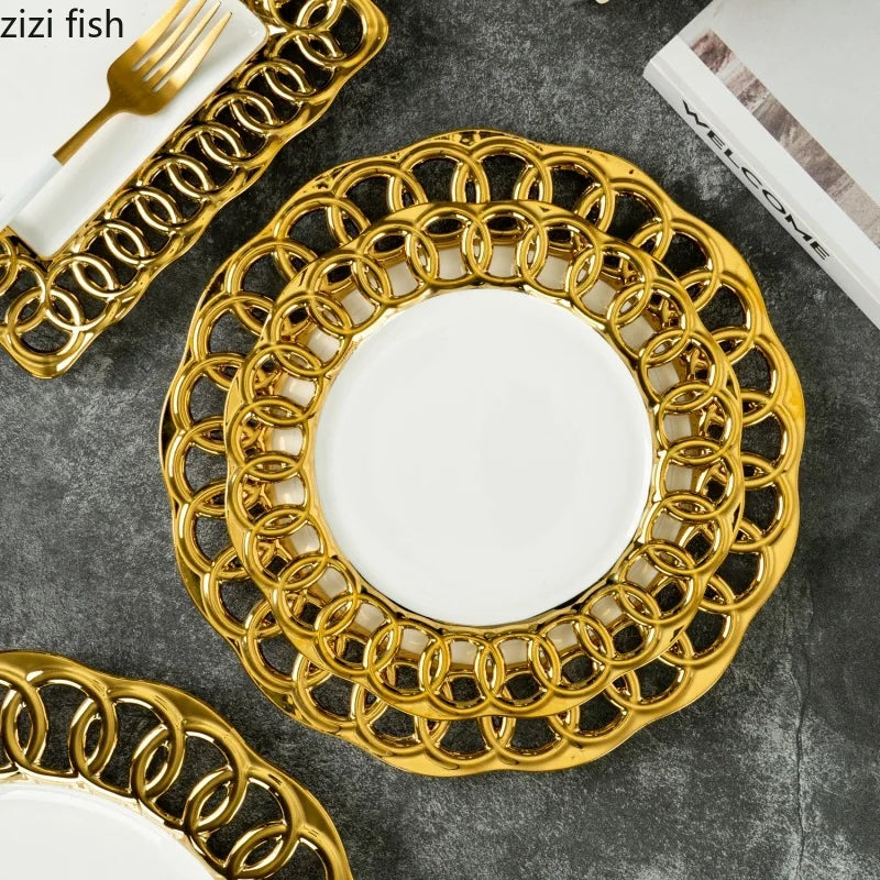 Gold Plated Hollow Out Ceramic Plate For Dining Table