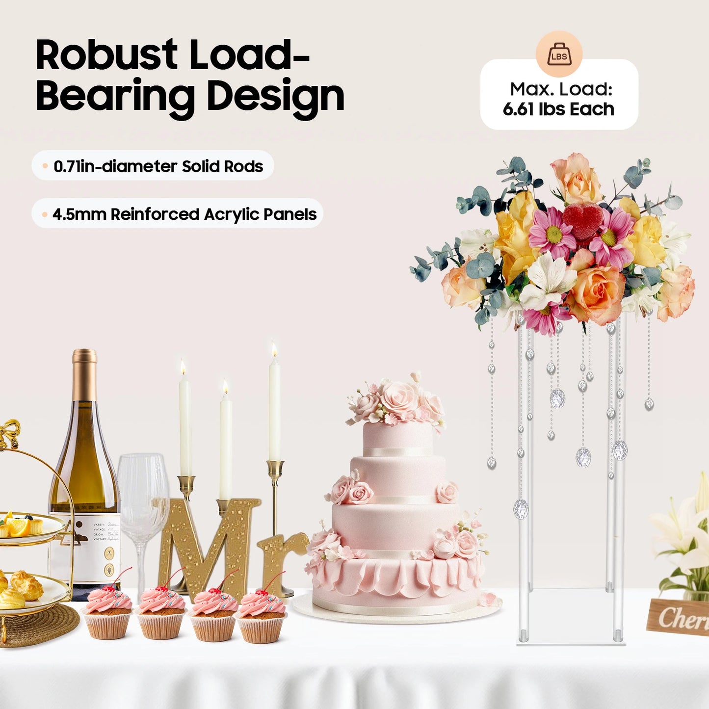 Clear Acrylic Flower Display Stand Set for Wedding Decor, 4.5mm Thick Durable Columns, 3kg Per Stand