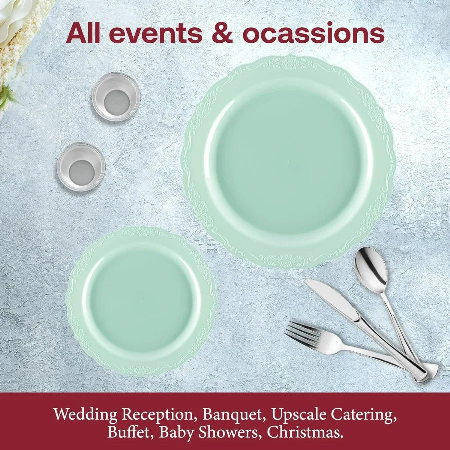 360 Piece Turquoise Plastic Dinnerware Set for 60 Guests, Includes Plastic Plates, Silverware Set, Clear Cups, Disposable Plates