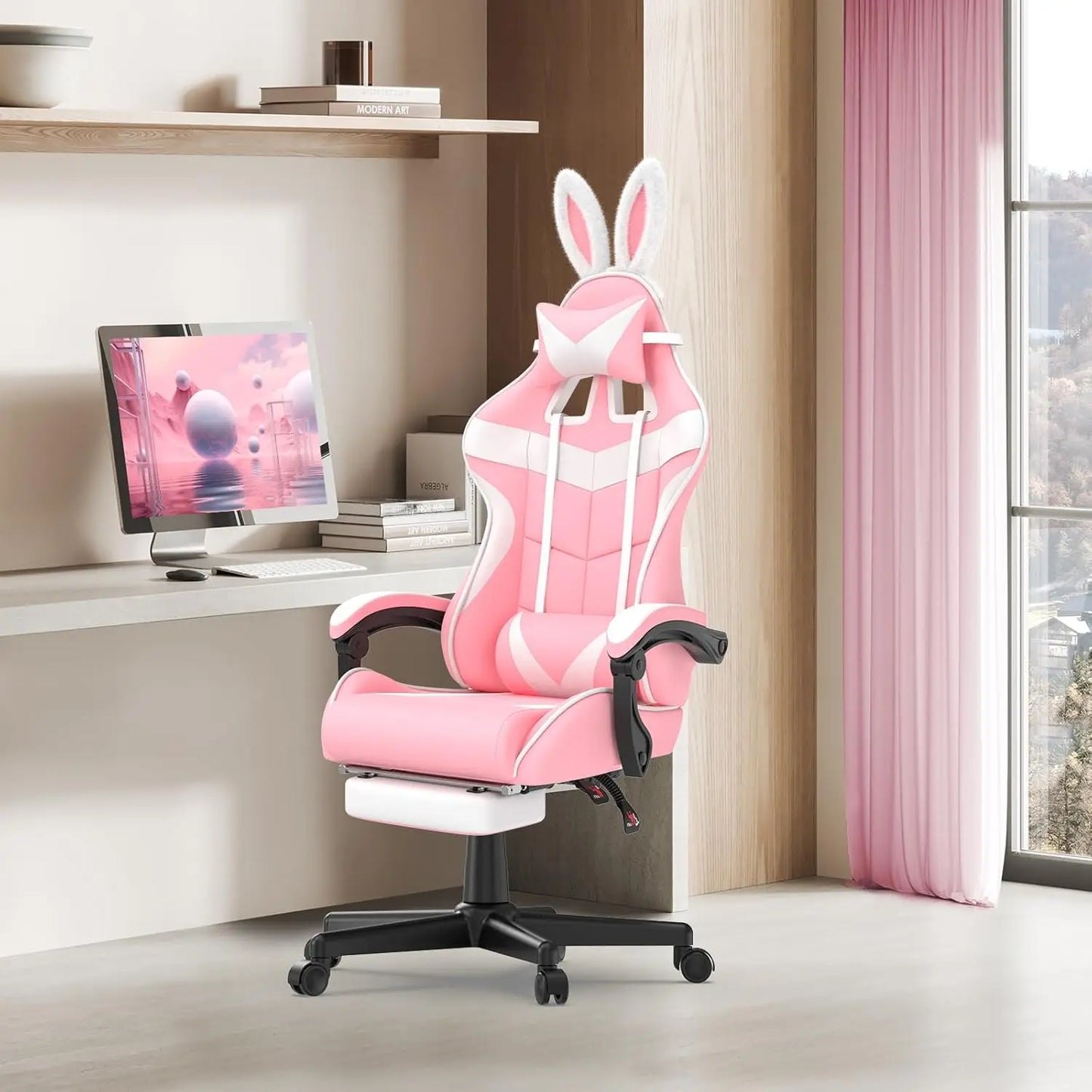 Pink Ergonomic Gaming Chair with Bunny Ears Footrest Headrest Lumbar Support for Home Office PC, Customized