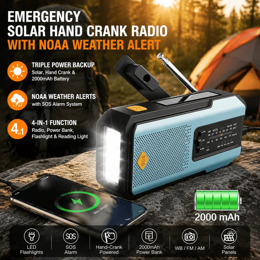 Stonego Emergency Solar Hand Crank Radio With Weather Band And USB C Charger