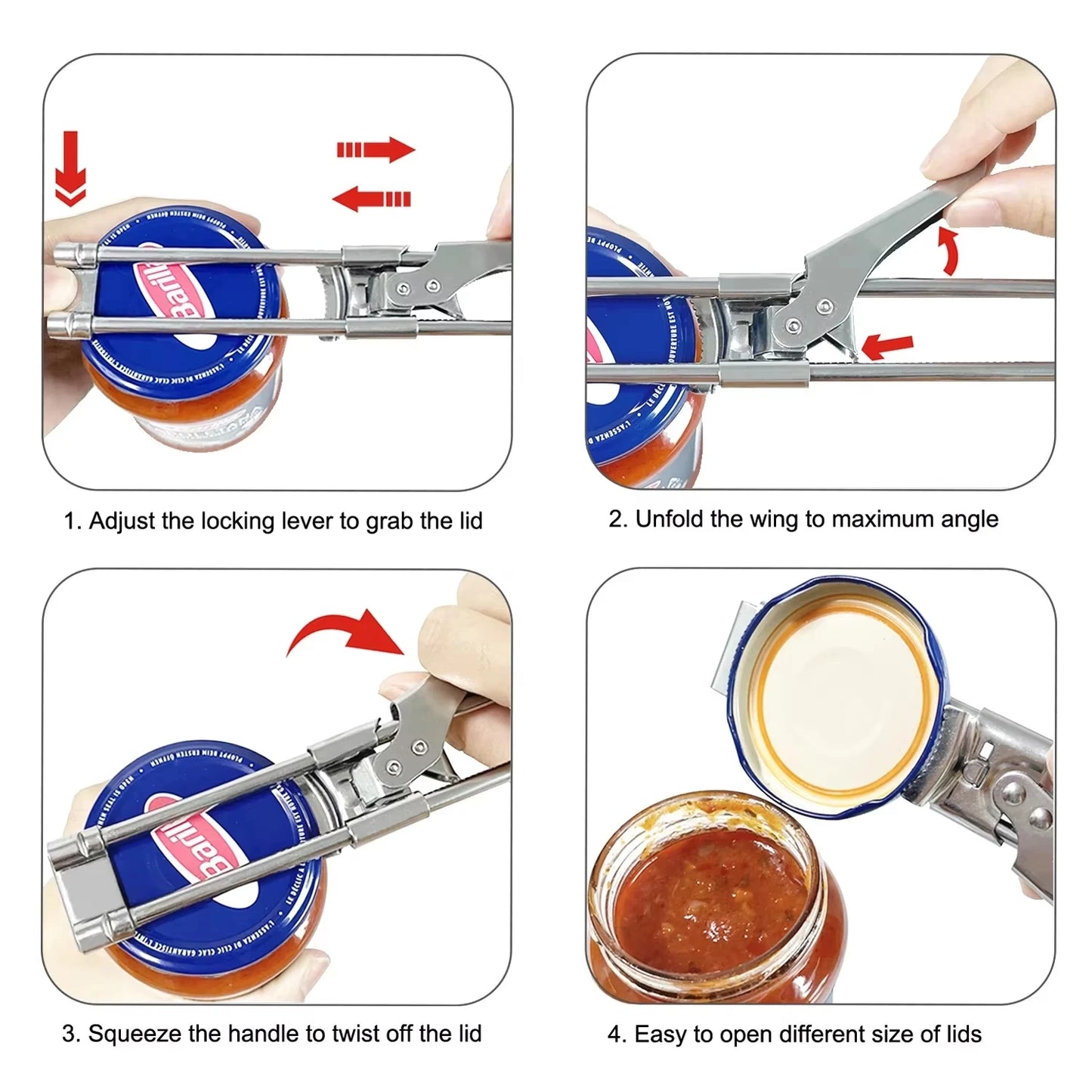 Adjustable Stainless Steel Multifunction Can Opener And Jar Bottle Opener With Ergonomic Handle
