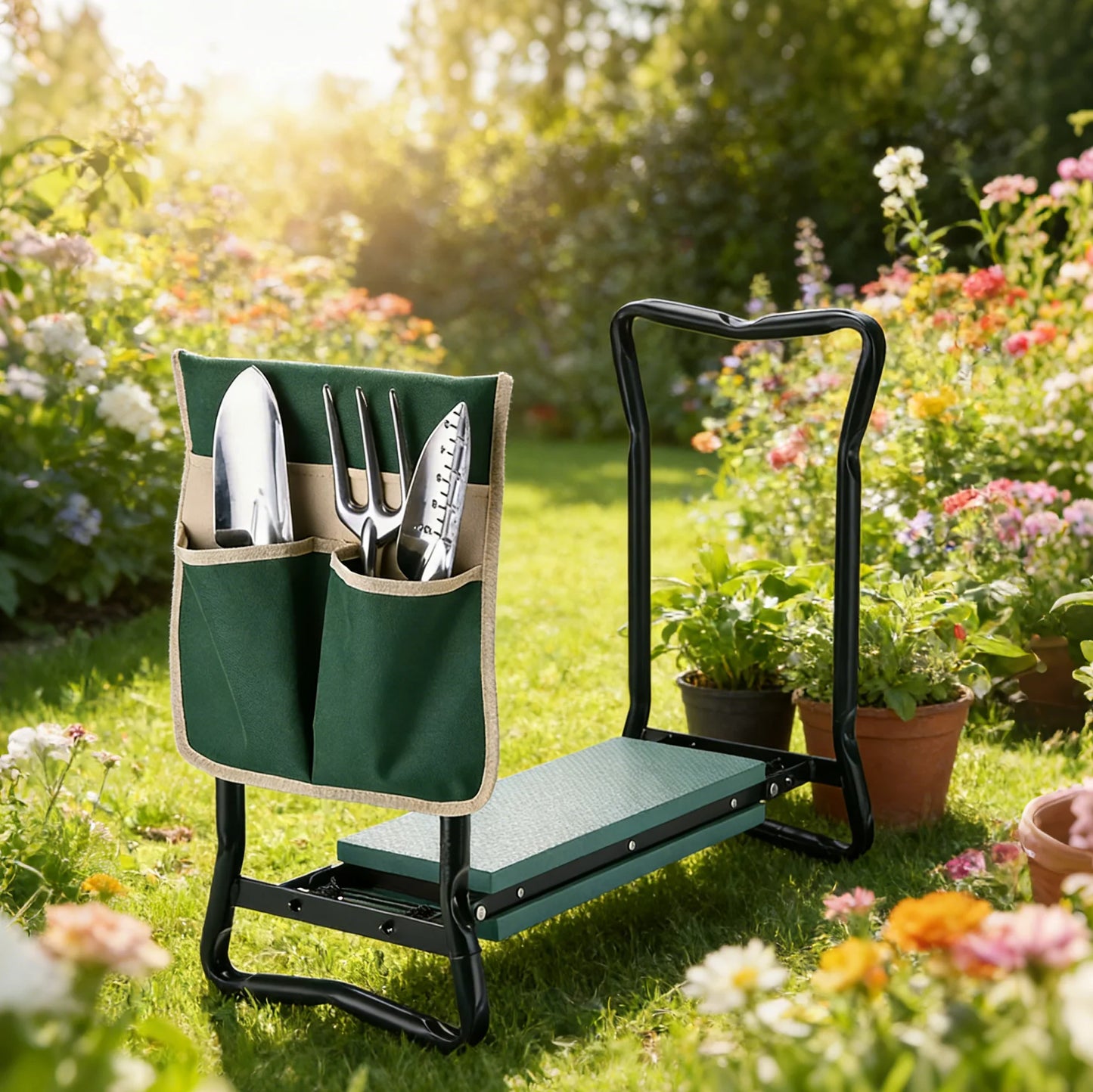 Collapsible 2 In 1 Garden Kneeler And Seat With Bag Flip Design Supports Up To 330 Lbs Folds Flat For Easy Storage