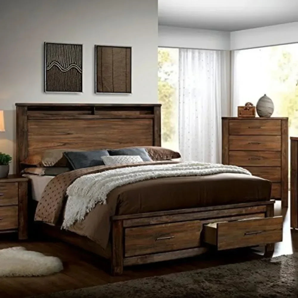 Traditional Oak Finish 6 Piece Bedroom Set For Master Suites With Solid Wood And Veneer Construction