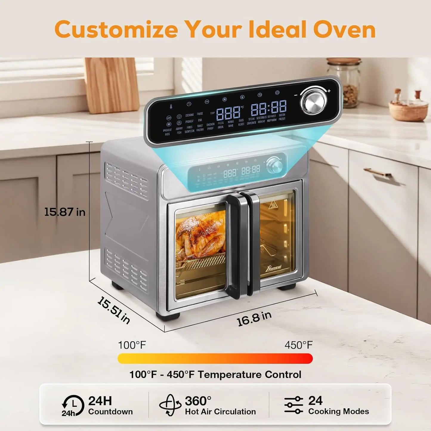 Romswi French Door Air Fryer Toaster Oven With 24 Cooking Functions