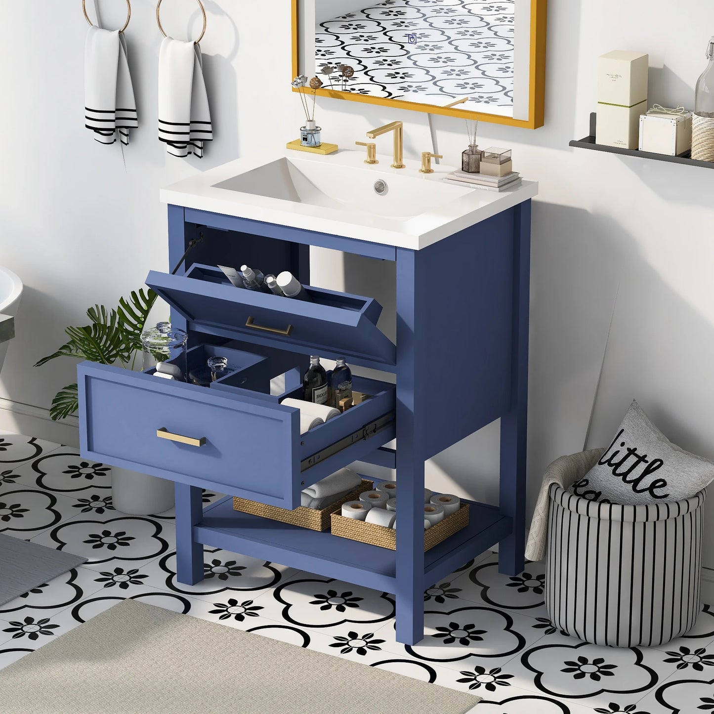 SH.KL 24'' Bathroom Vanity with Top Sink, Free Standing Single Basin Vanity Set with 2 Drawers, Wooden Bathroom Cabinet, Blue