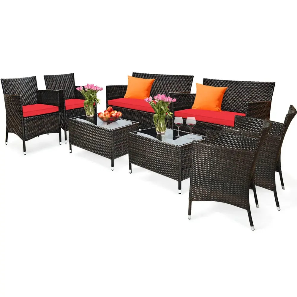 8PCS Patio Rattan Conversation Furniture Set Outdoor w/ Red Cushion