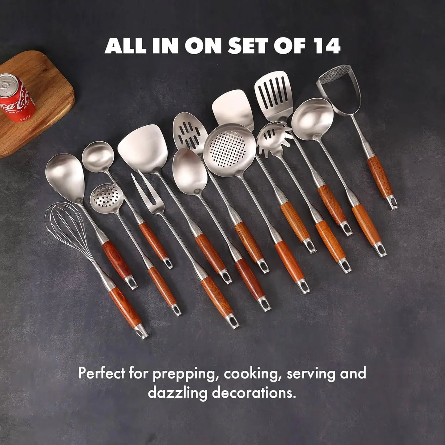 Stainless Steel Kitchen Utensil Set With Wooden Handles