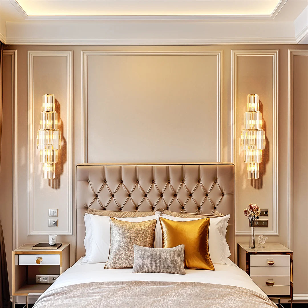 Crystal Wall Lamp With 3 Or 5 Layer Crystal Tiers Sconce And E14 LED Lights In Gold Finish