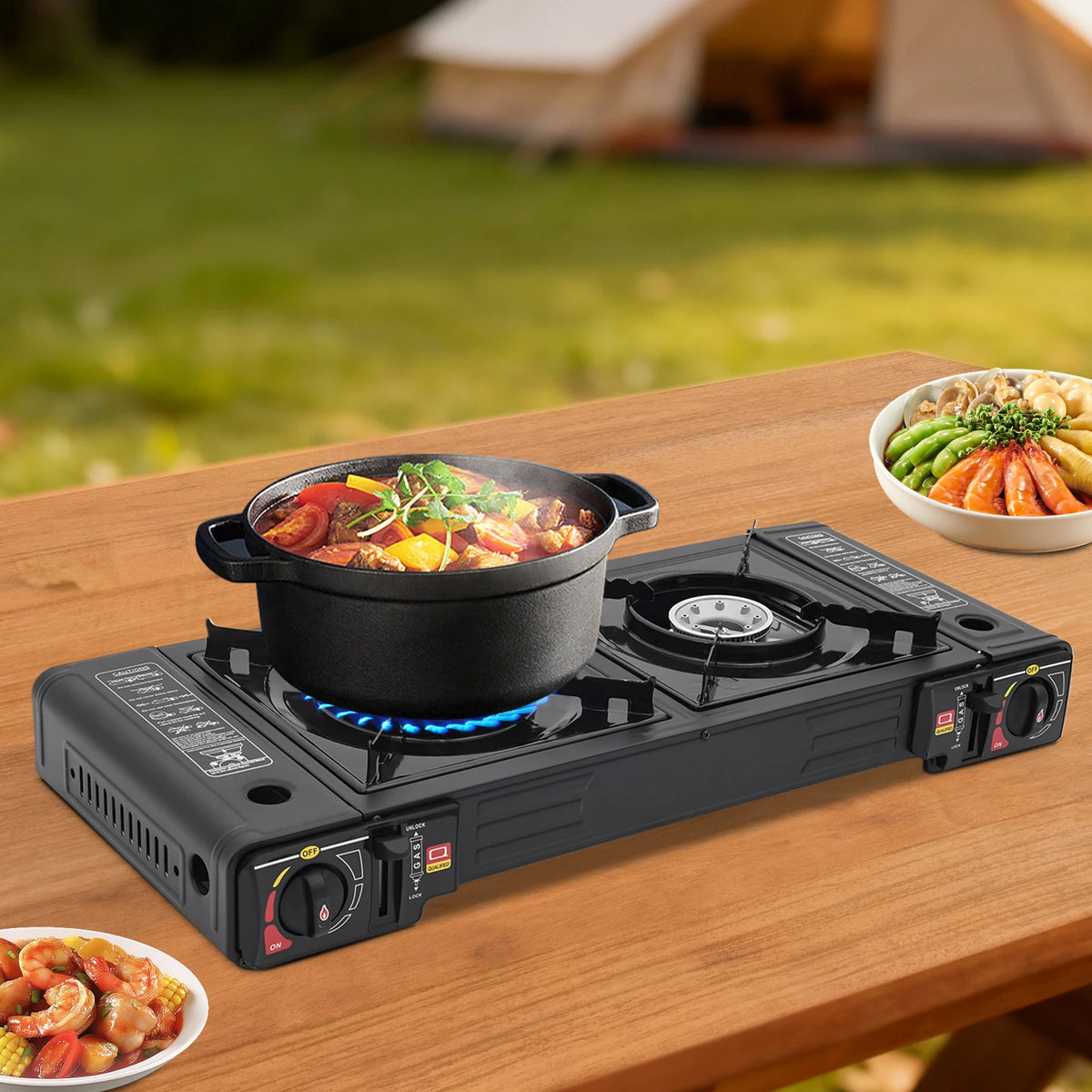 Portable Dual Burner Camping Stove With Auto Ignition Storage Case