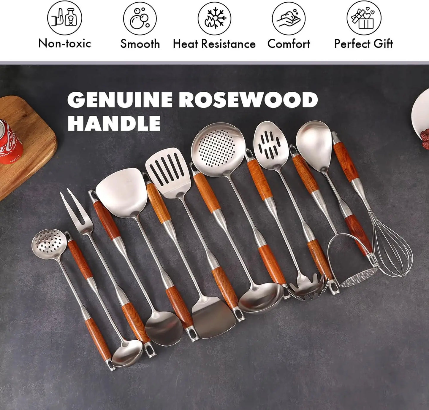 Stainless Steel Kitchen Utensil Set With Wooden Handles