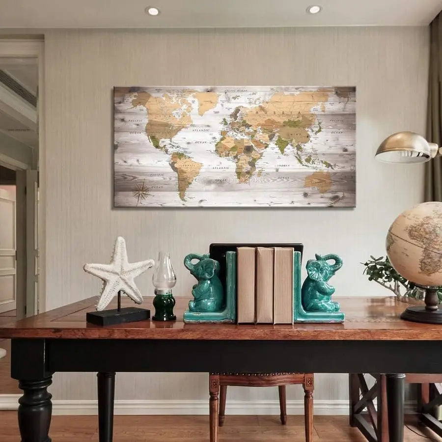World Map Framed Wall Art Print On Cotton Fabric Ready To Hang For Modern Homes Interiors