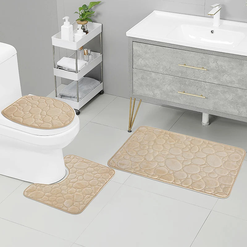1 Set of Solid Color Simple Bathroom Water-absorbing and Non-slip Floor Mat Stone Pattern, Comfortable and Soft, Three-piece Set
