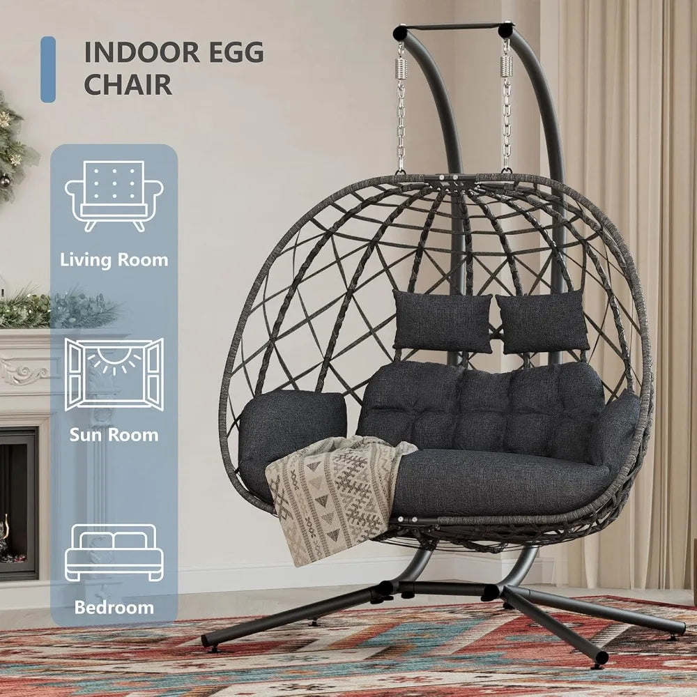 Double Egg Swing Chair With Stand Cushioned Outdoor Indoor Hammock For Two People