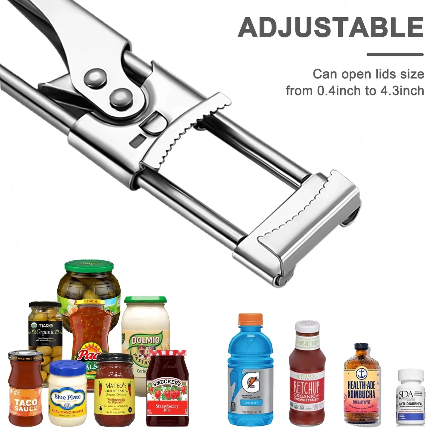 Adjustable Stainless Steel Multifunction Can Opener And Jar Bottle Opener With Ergonomic Handle