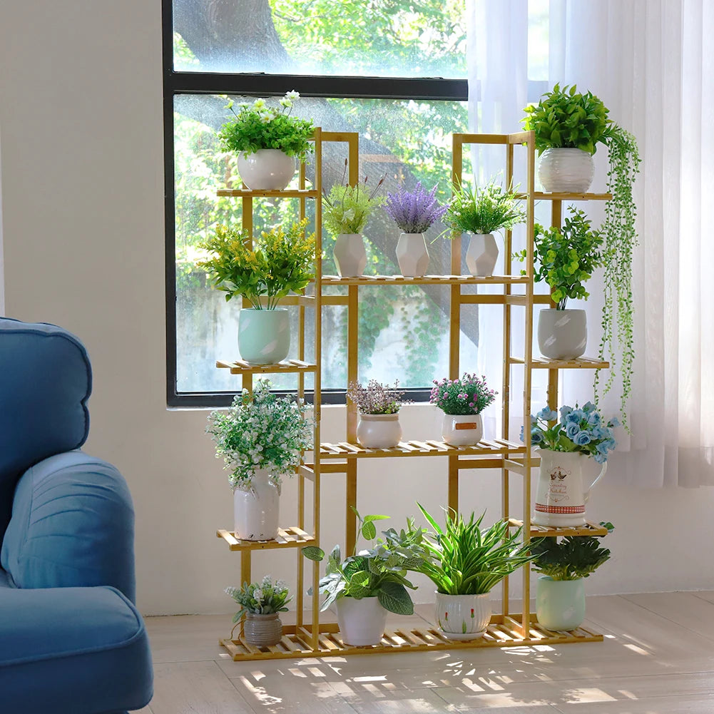 Nine Tier Bamboo Plant Stand For Indoor Plants Space Saving 9 Level Display Made From Natural Bamboo