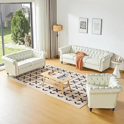 DAFIFY Velvet Chesterfield Living Room Set With Nailhead Three Piece Sofa Loveseat Chair