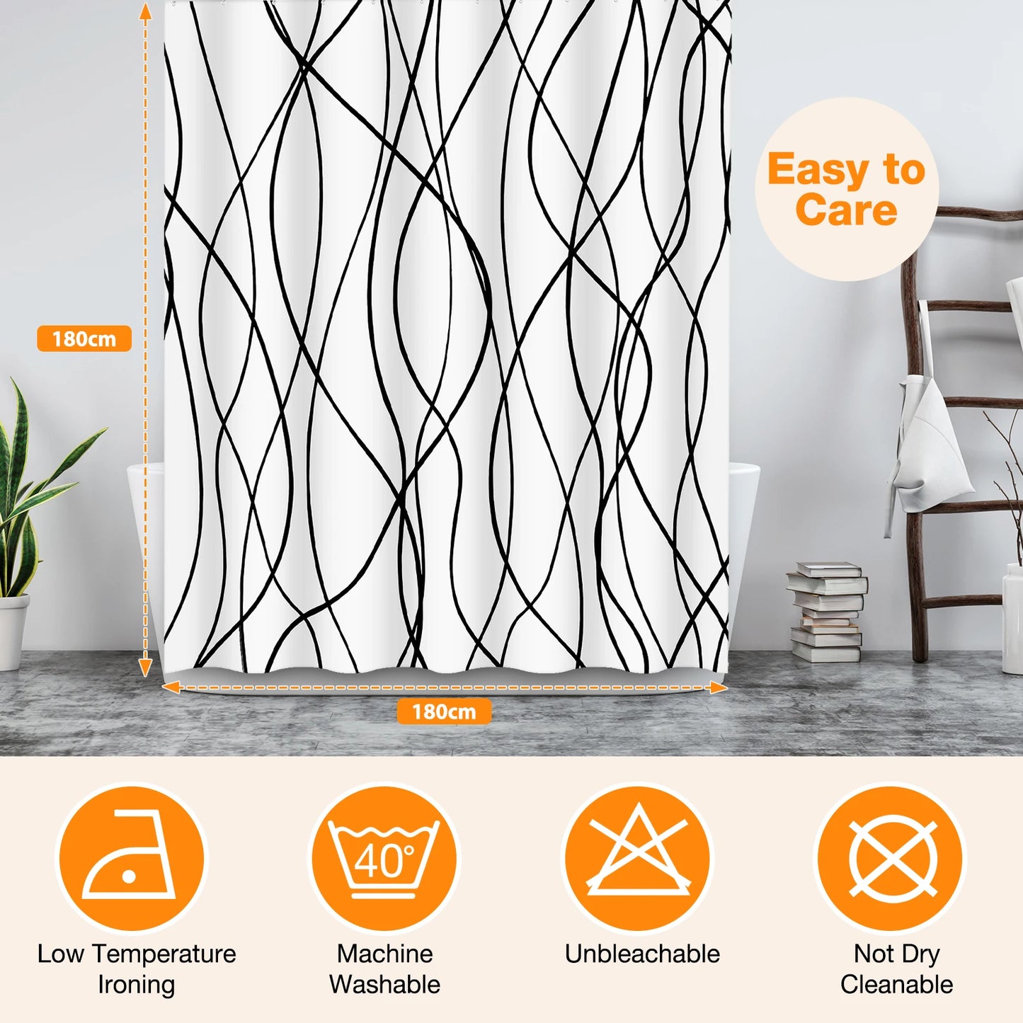 Striped Wavy Line Shower Curtain Polyester Set With 12 Hooks