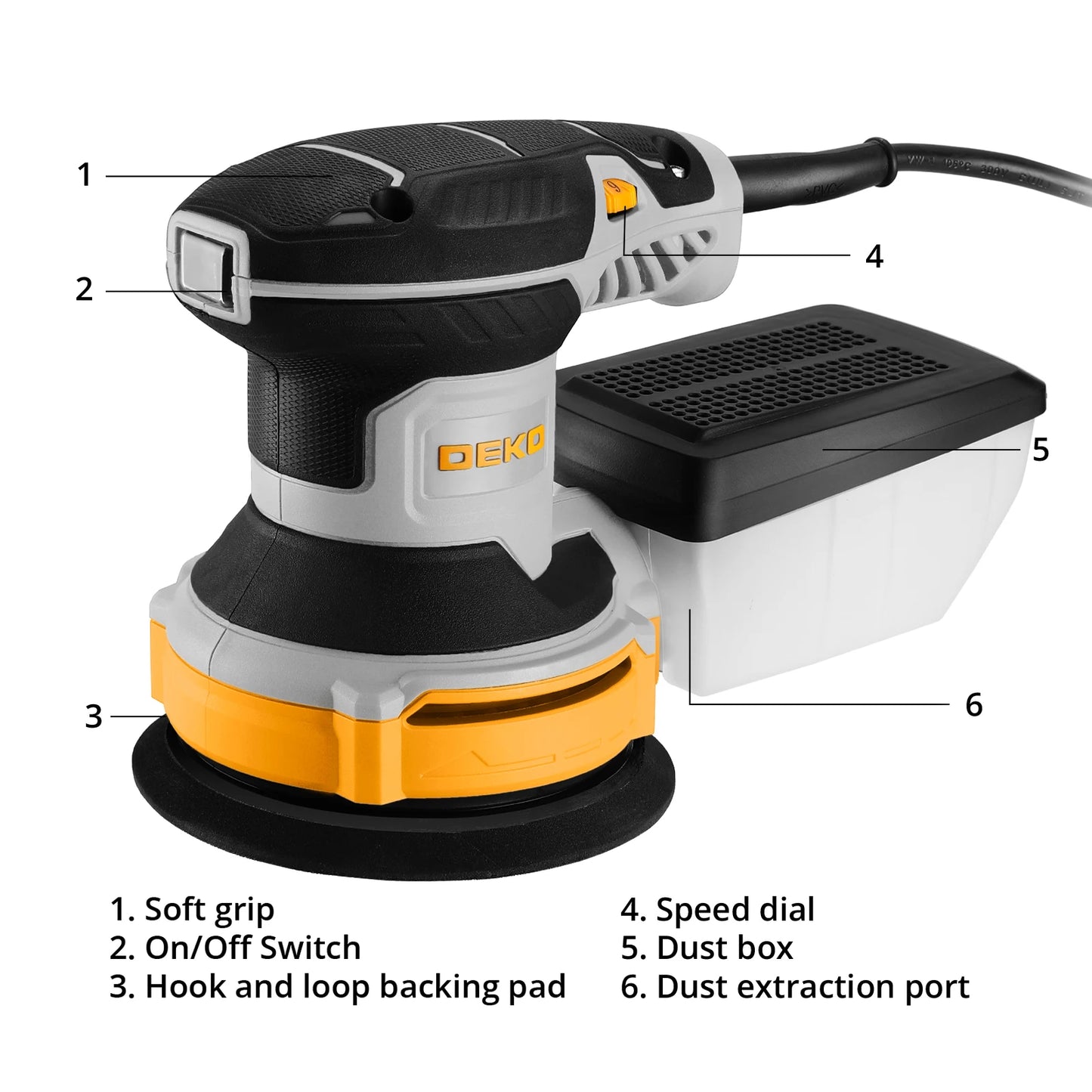 DEKO 14000 RPM Orbital Sander DKOS30A125G 300W With Dust Collection Pad And 16 Pieces Sandpaper Set