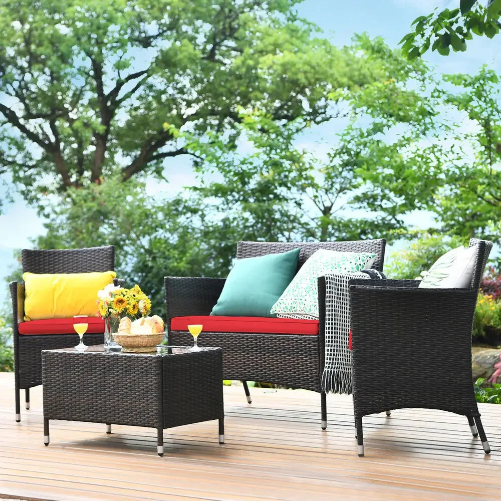8PCS Patio Rattan Conversation Furniture Set Outdoor w/ Red Cushion