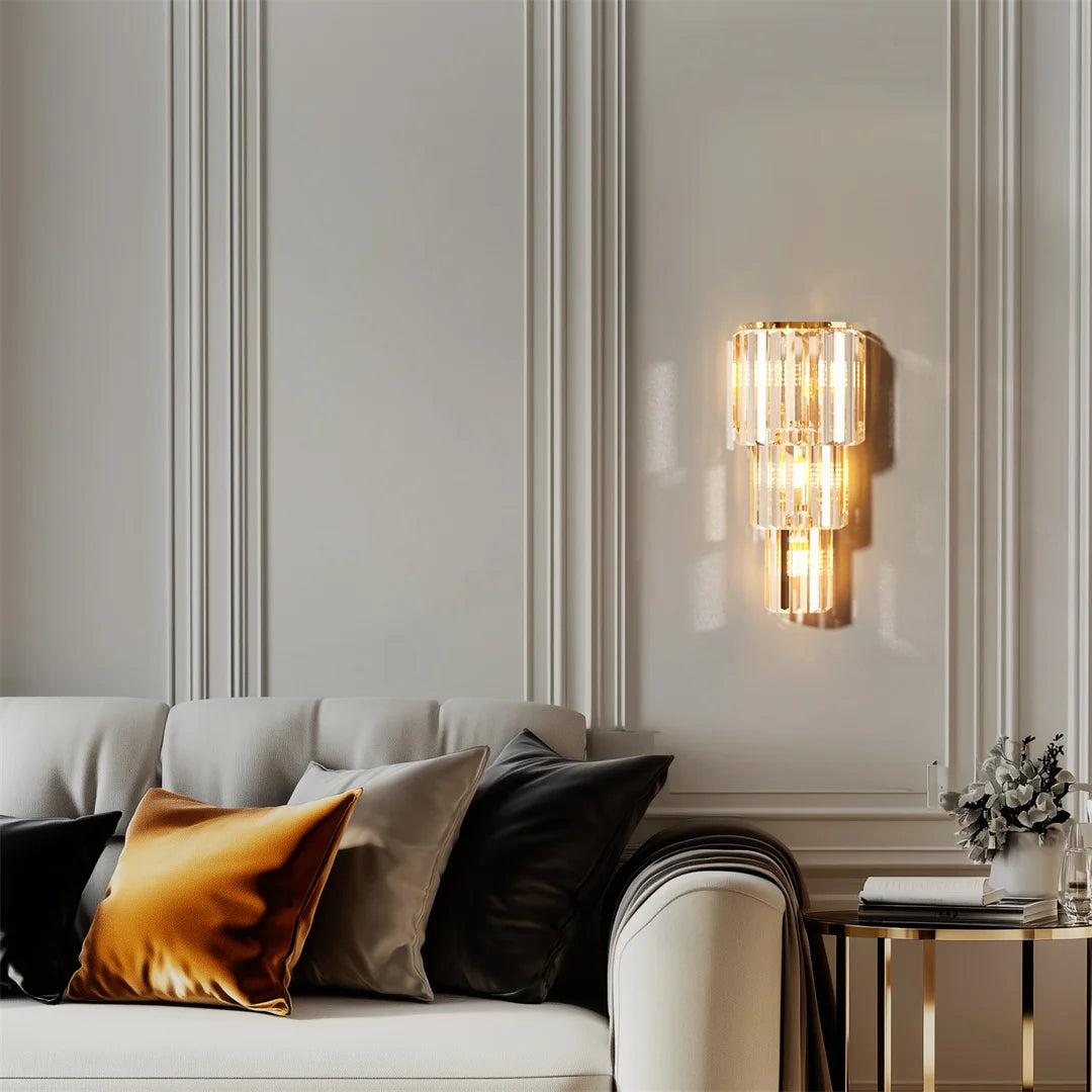Crystal Wall Lamp With 3 Or 5 Layer Crystal Tiers Sconce And E14 LED Lights In Gold Finish
