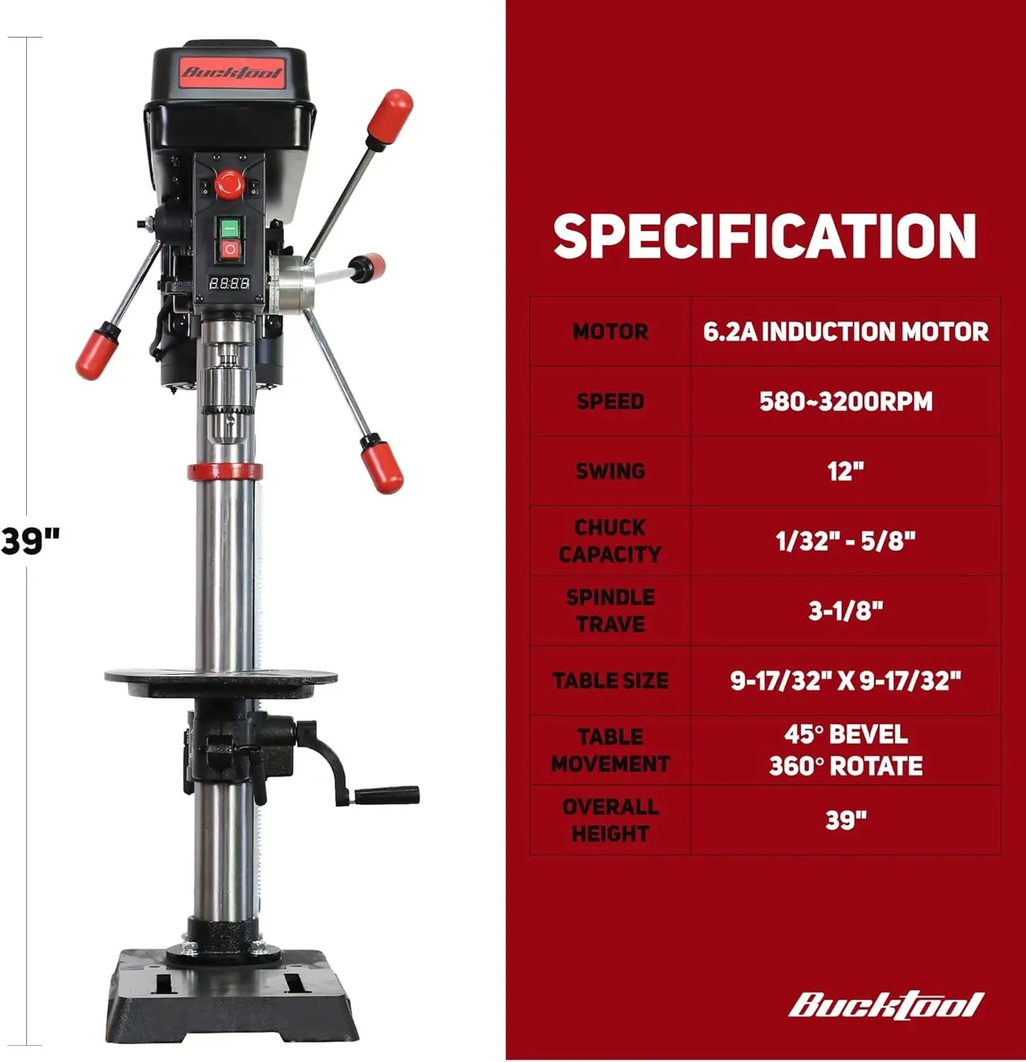 12 INCH 6.2A Professional Bench Drill Press, 3/4HP Powerful Benchtop Drill Press, Variable Speed Drill Press with IIIA Laser