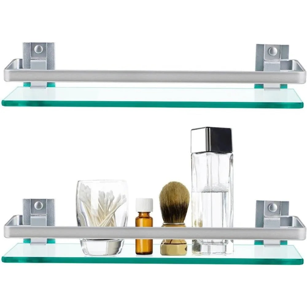 2-Pack Tempered Glass Bathroom Shelf with Rail, 15" x 4.5" Rectangular Shower Caddy, Wall Mounted Floating Shampoo Holder for La